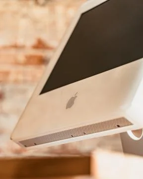 Minimal desk setup of a retro Mac Foto stock