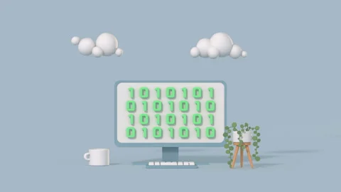 Minimal desktop computer with binary code cartoon style 3D render animation Video stock 209182079