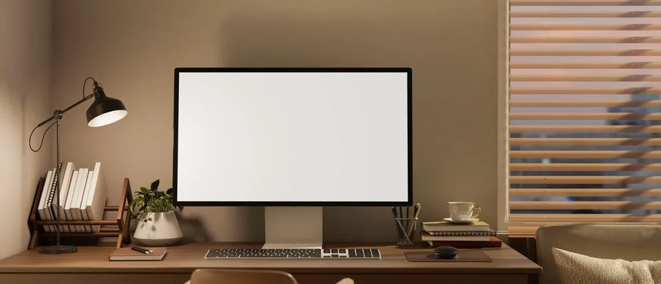 Minimal desktop computer mockup on modern home office desk. Illustrazione stock