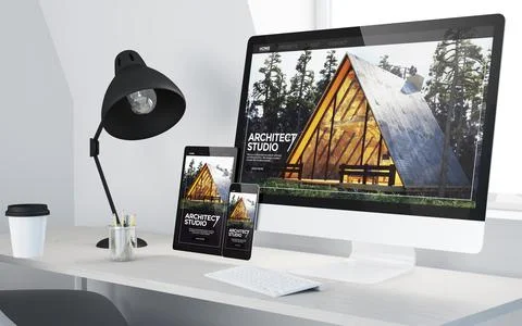 Minimal desktop with responsive oarchitect studio website on devices Stock Illustration