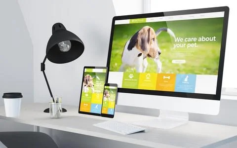 Minimal desktop with responsive veterinarian website on devices Stock Illustration