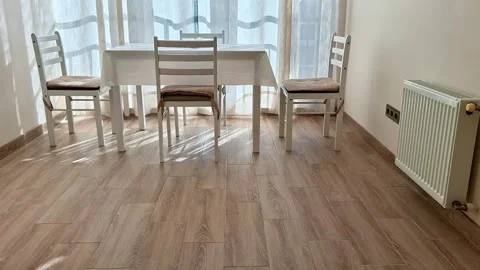 Minimal Dining Area with White Table, Chairs and Large Windows Video stock 331232575