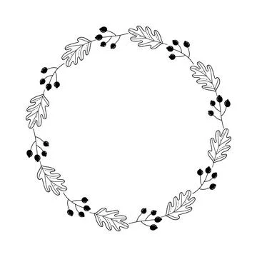 Minimal Doodle Wreath Frame with Oak Leaves and Berries in Black and White Style 스톡 일러스트