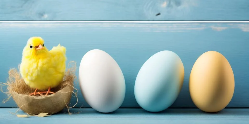 A minimal Easter card design featuring blue, yellow, and white eggs along w.. Stock Illustration