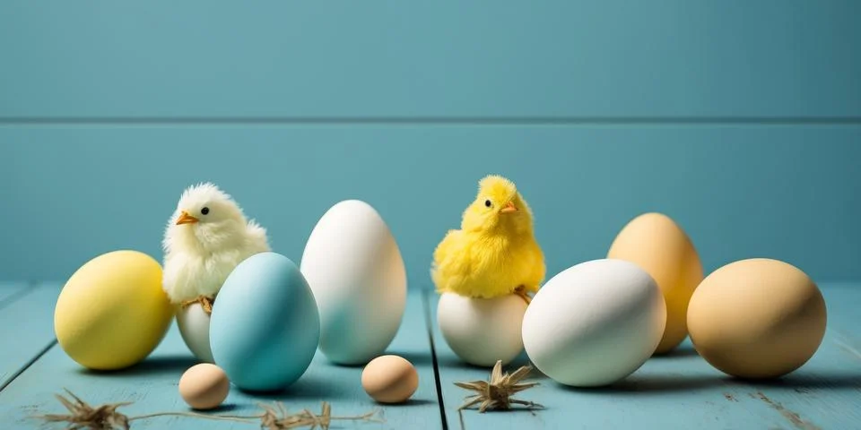 A minimal Easter card design featuring blue, yellow, and white eggs along w.. Stock Illustration