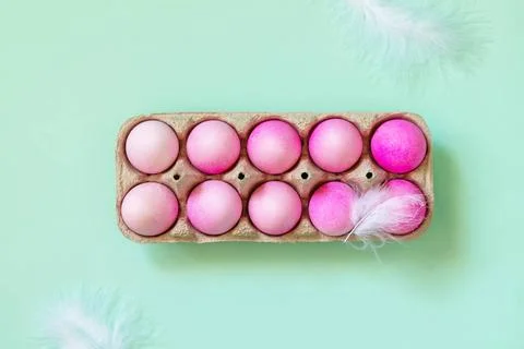  Minimal Easter concept. Easter elements, paper box with eggs in pink colo... Stock Photos