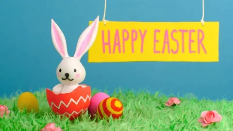 Minimal Easter concept with eggs and rabbit Stock Footage 146217333