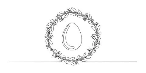 Minimal Easter Egg With Circular Botanical Wreath Line Art Vector Stock Illustration