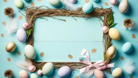 A minimal Easter frame composed of eggs and feathers placed on a blue woode.. Stock Illustration