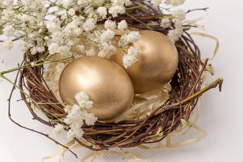 Minimal easter golden eggs concept. Happy easter card Stock Photos