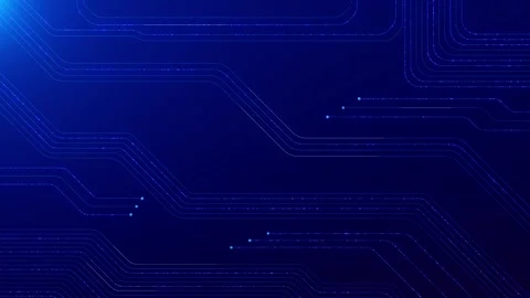 Minimal electronic circuit copy space thin blue traces, bright node dots, and da Stock Footage 340526832