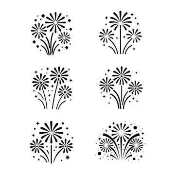 Minimal Fireworks Icon Set in Black Silhouette Style for Celebration Designs Stock Illustration