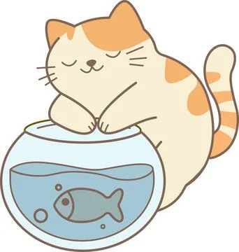 Minimal flat artwork of cat watching fish in glass aquarium. PNG Stock Illustration