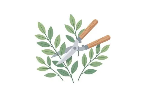Minimal flat illustration of pruning shears cutting green leaves on a light.. Stock Illustration