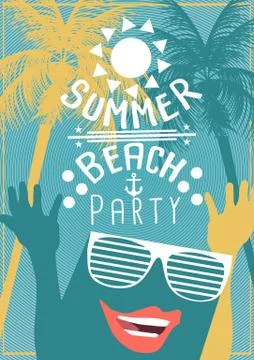 Minimal Flat Summer Beach Party Flyer Template with Sunglasses - Vector Ill.. Stock Illustration