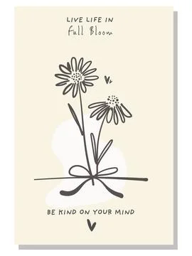 Minimal-Floral-Postcard-with-Hand-Drawn-Daisy-Flowers-and-Positive-Mindfulne Stock Illustration
