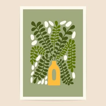 Minimal flower leaf poster. Abstract floral naive art print Matisse inspired Stock Illustration