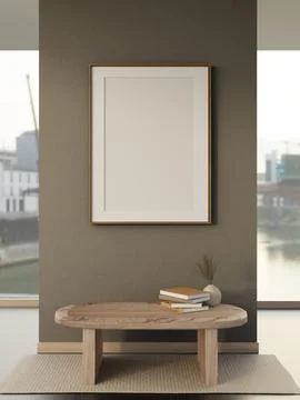 Minimal framed poster mockup above wooden table in modern interior. 库存插图