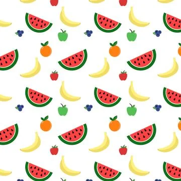 Minimal Fruit Seamless Pattern with Watermelon Banana and Citrus Flat Design Stock Illustration