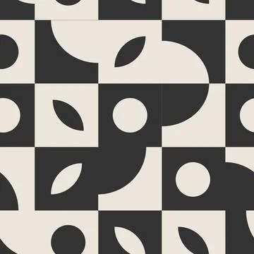 Minimal Geometric Checker Seamless Pattern with Abstract Shapes Black Beige Stock Illustration