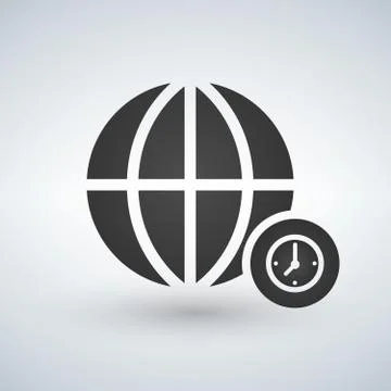 Minimal globe icon with clock in circle, vector illustration Illustrazione stock