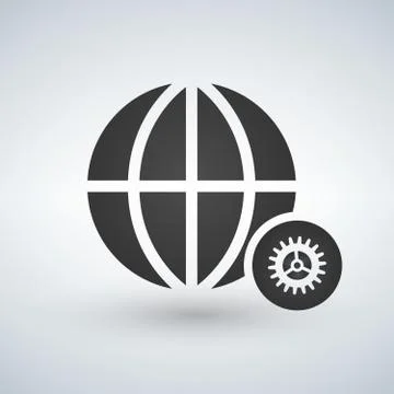 Minimal globe icon with gear settings icon in circle, vector illustration Stock Illustration