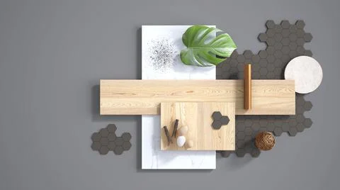 Minimal gray background with copy space, marble slab, wooden planks, cutting  Stock Illustration