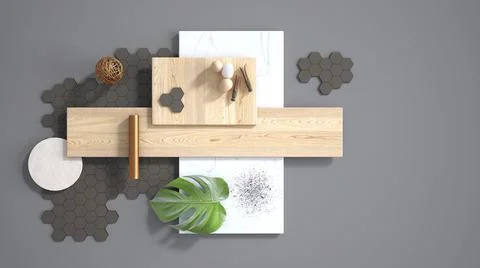 Minimal gray background with copy space, marble slab, wooden planks, cutting  Stock Illustration