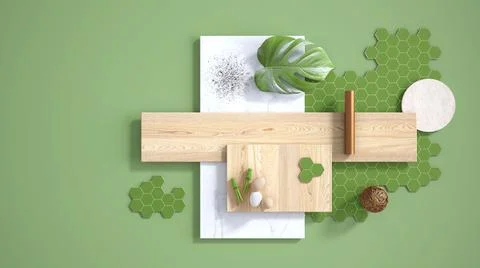 Minimal green background with copy space, marble slab, wooden planks, cutting Stock Illustration