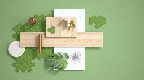 Minimal green background with copy space, marble slab, wooden planks, cutting Stock Illustration
