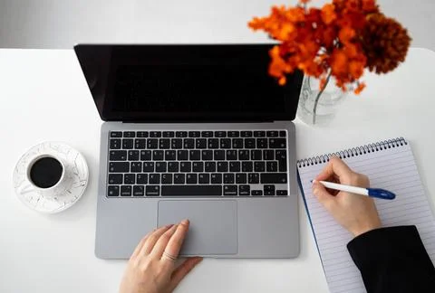 Minimal home office flat lay with laptop, coffee and notes Stock Photos
