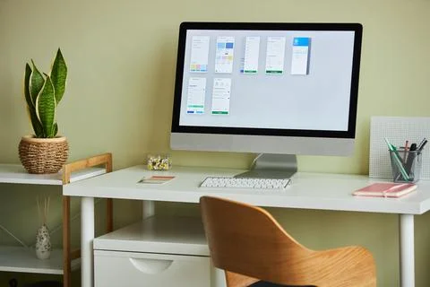 Minimal home office setup with computer Foto stock