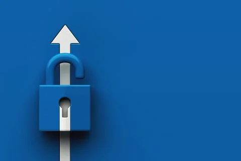 Minimal icon featuring open blue padlock with white upward arrow passing th.. Stock Illustration