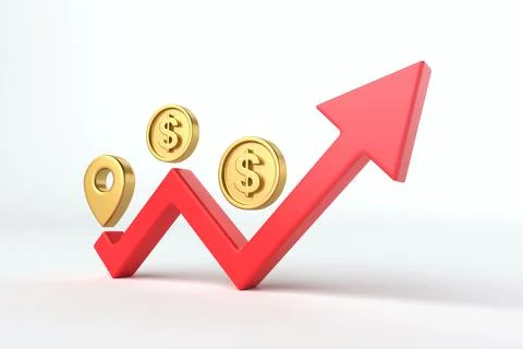 Minimal icon featuring red upward arrow, gold dollar coins, and location pi.. Stock Illustration