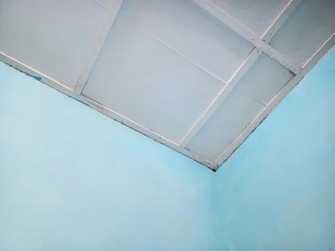 Minimal Interior Ceiling and Blue Wall Corner Background with Clean Design Stock Photos
