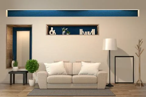 Minimal interior design room zen style with sofa, arm chair, low table and de Stock Illustration