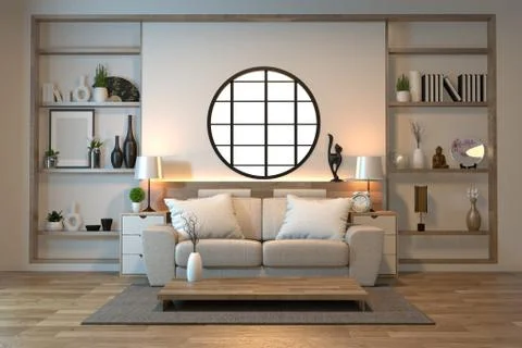 Minimal interior design room zen style with sofa, arm chair, low table and de Stock Illustration