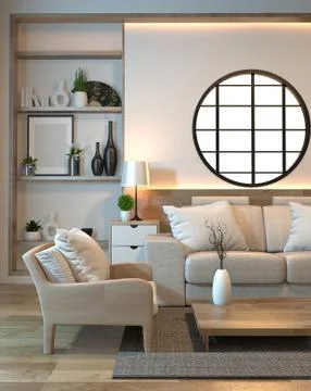 Minimal interior design room zen style with sofa, arm chair, low table and de Stock Illustration