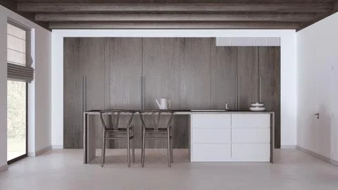 Minimal kitchen in white and beige tones with dark wooden beams ceiling and.. Stock Illustration