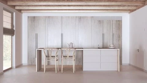 Minimal kitchen in white and beige tones with bleached wooden beams ceiling.. Stock Illustration