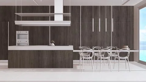 Minimal kitchen in white and beige tones with dark wooden cabinets and isla.. Stock Illustration