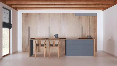 Minimal kitchen in white and dark tones with wooden beams ceiling and windo.. Illustrazione stock