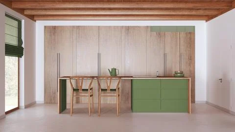 Minimal kitchen in white and green tones with wooden beams ceiling and wind.. Stock Illustration