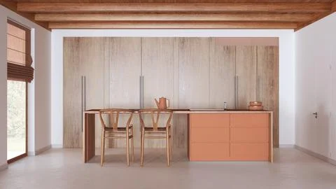 Minimal kitchen in white and orange tones with wooden beams ceiling and win.. Illustrazione stock