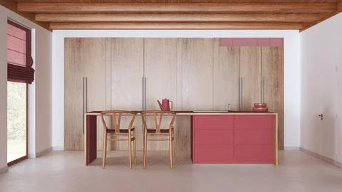 Minimal kitchen in white and red tones with wooden beams ceiling and window.. Illustrazione stock