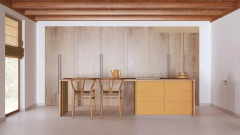 Minimal kitchen in white and yellow tones with wooden beams ceiling and win.. Stock Illustration