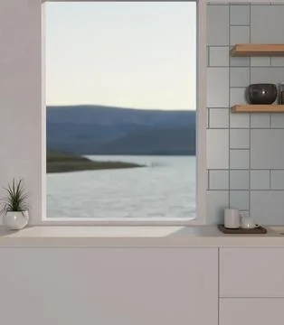 Minimal Kitchen Window with Lake View and White Cabinets Stock Illustration