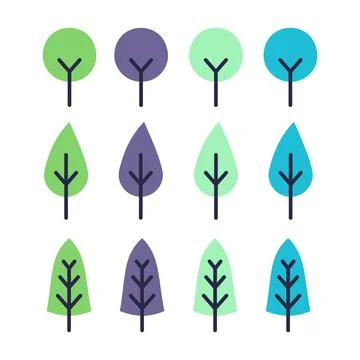 Minimal landscape trees. Forest tree with green purple and blue foliage Stock Illustration