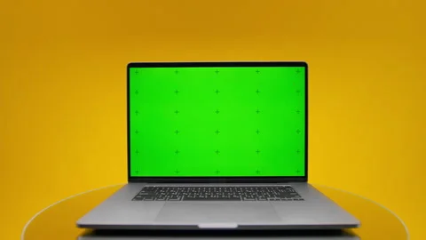 Minimal Laptop Chroma Display Presentation on Yellow Stock Footage 345832979
