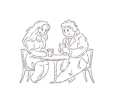 A minimal line drawing of a friendly couple on a date, chatting over coffee.  스톡 일러스트